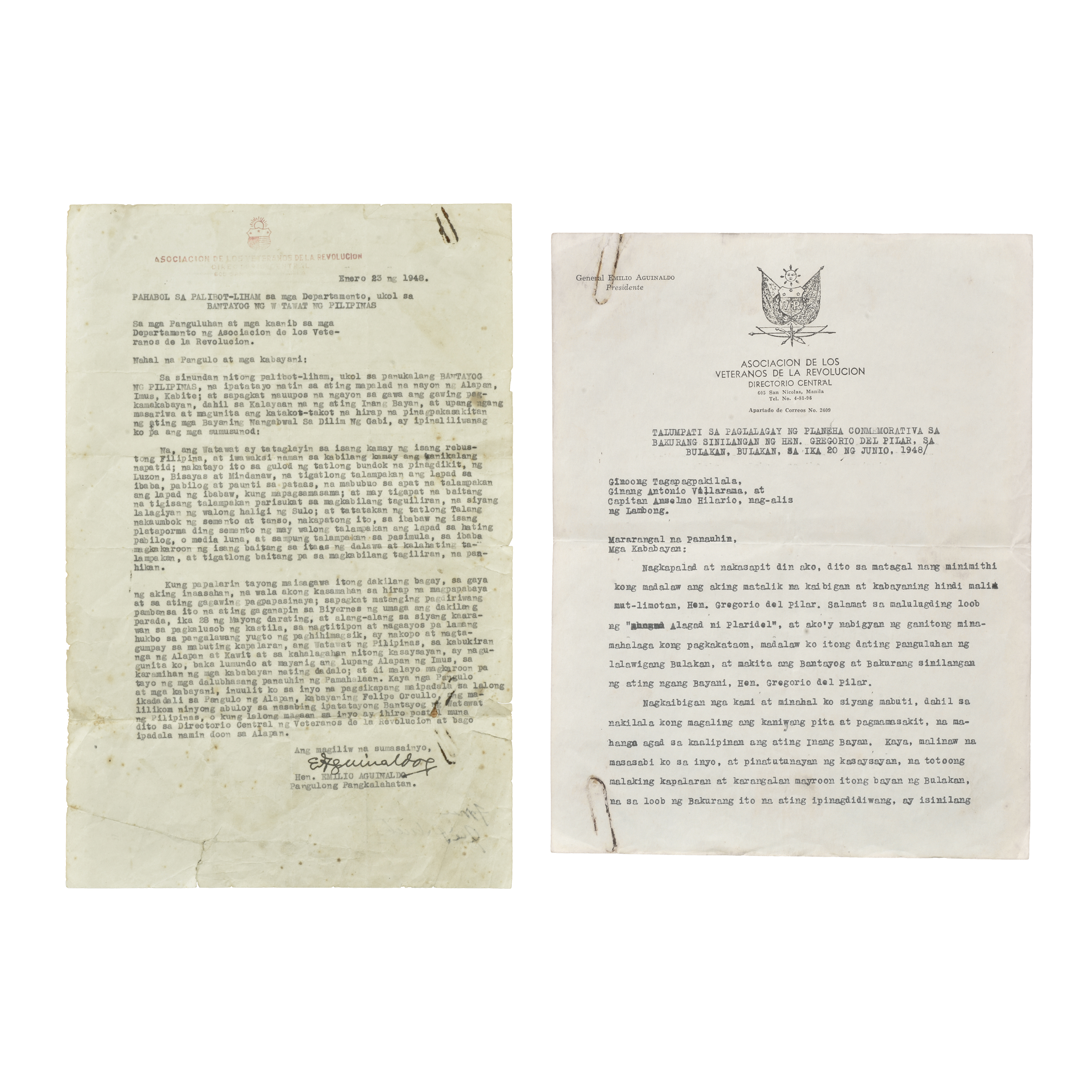 - A lot of two signed letters from Emilio Aguinaldo
