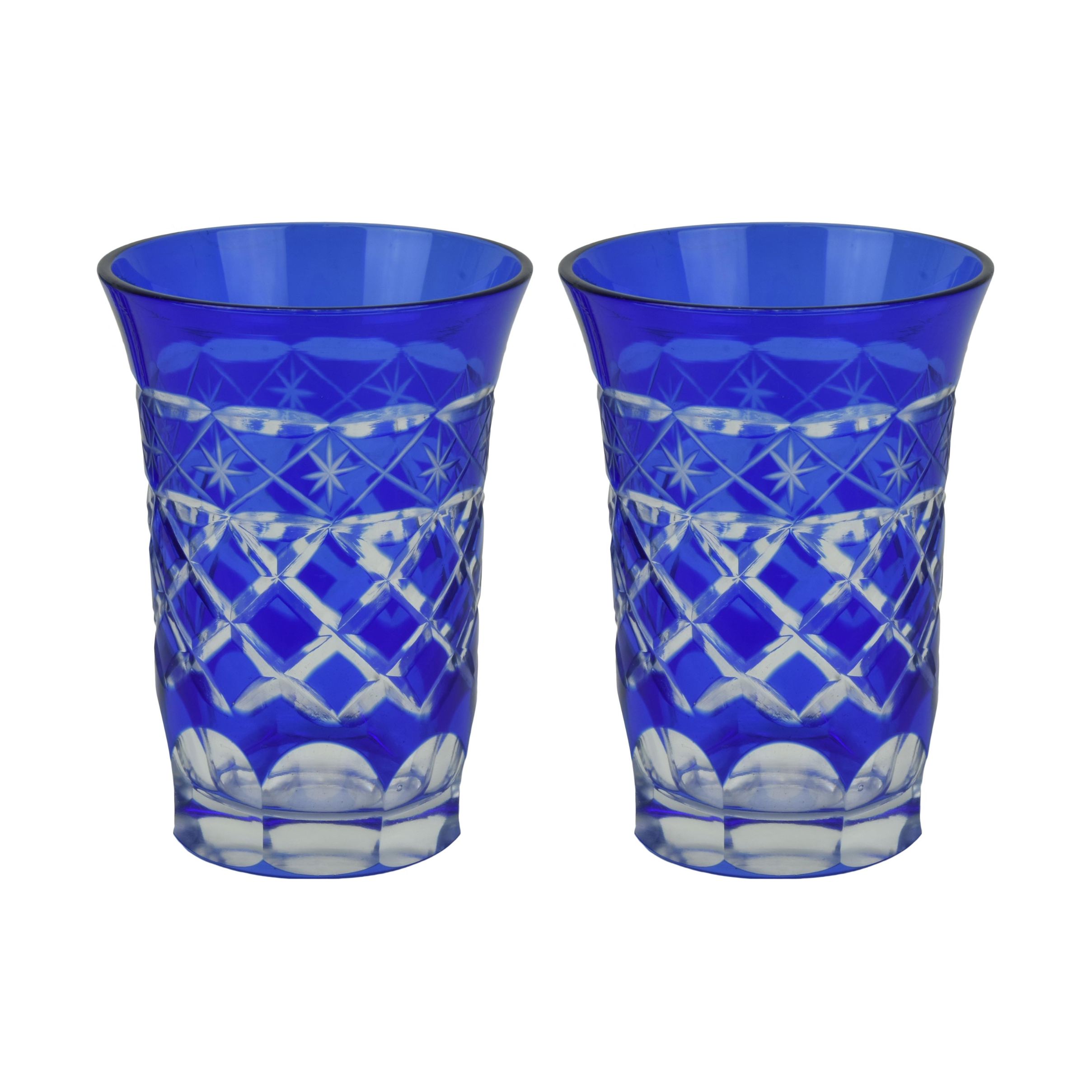  A pair of Bohemian cobalt blue cut crystal glasses