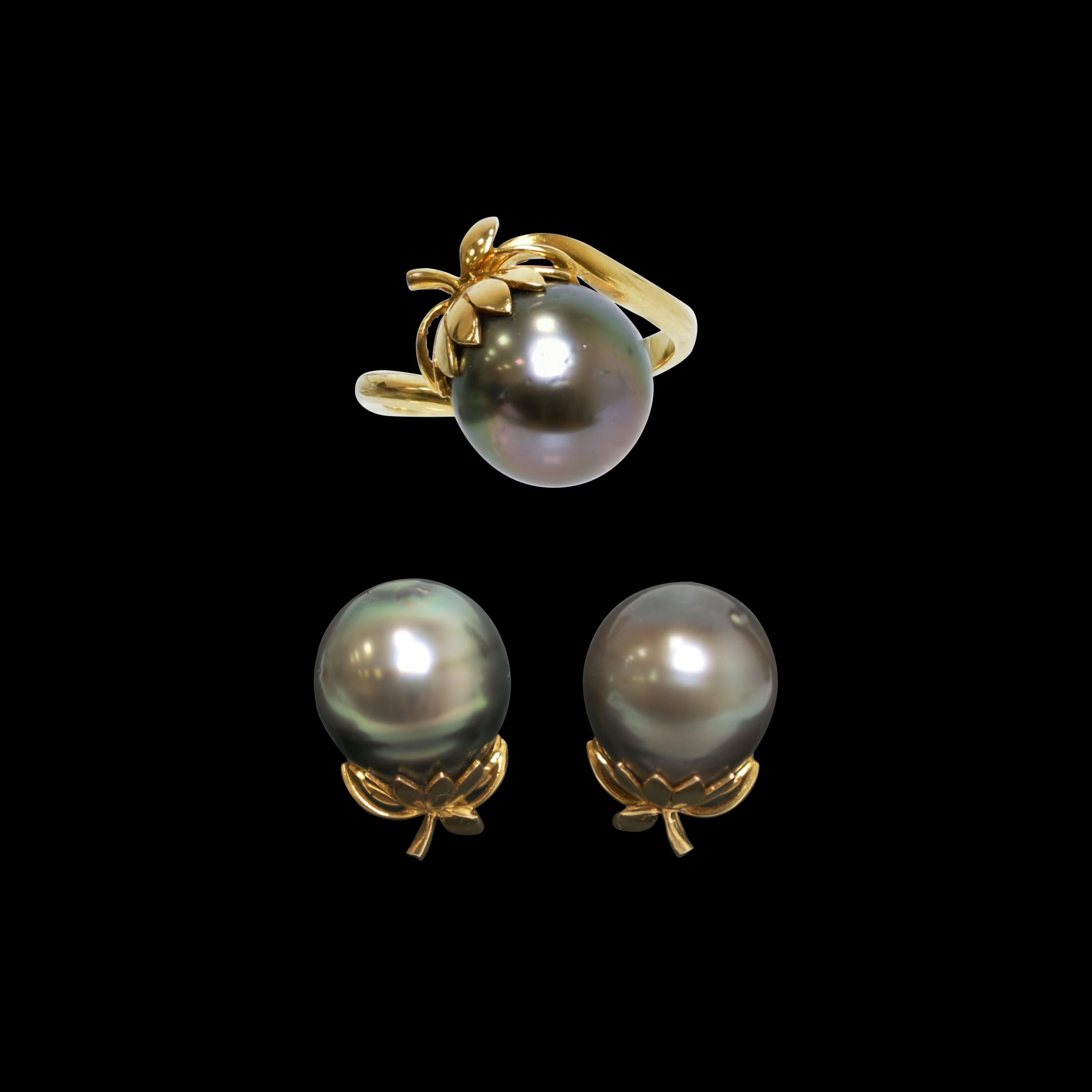 - A set of 11-12 mm South Sea Pearl earrings and ring in 14k yellow gold