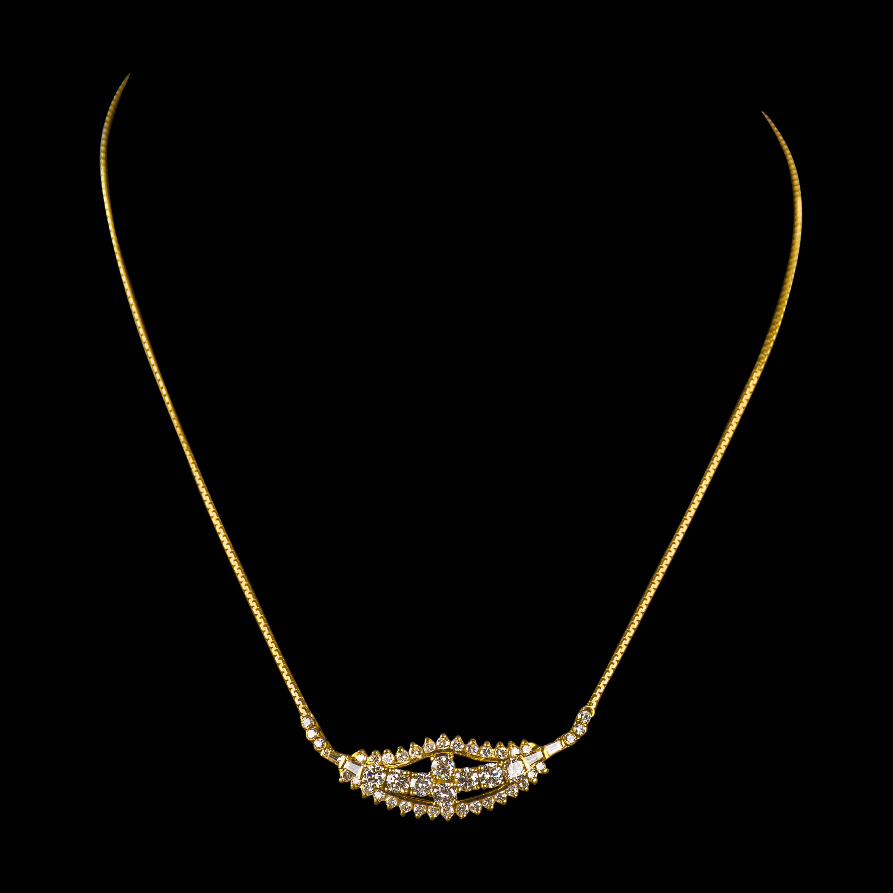 - An approximately 1.66 tcw diamond necklace set in 14k yellow gold