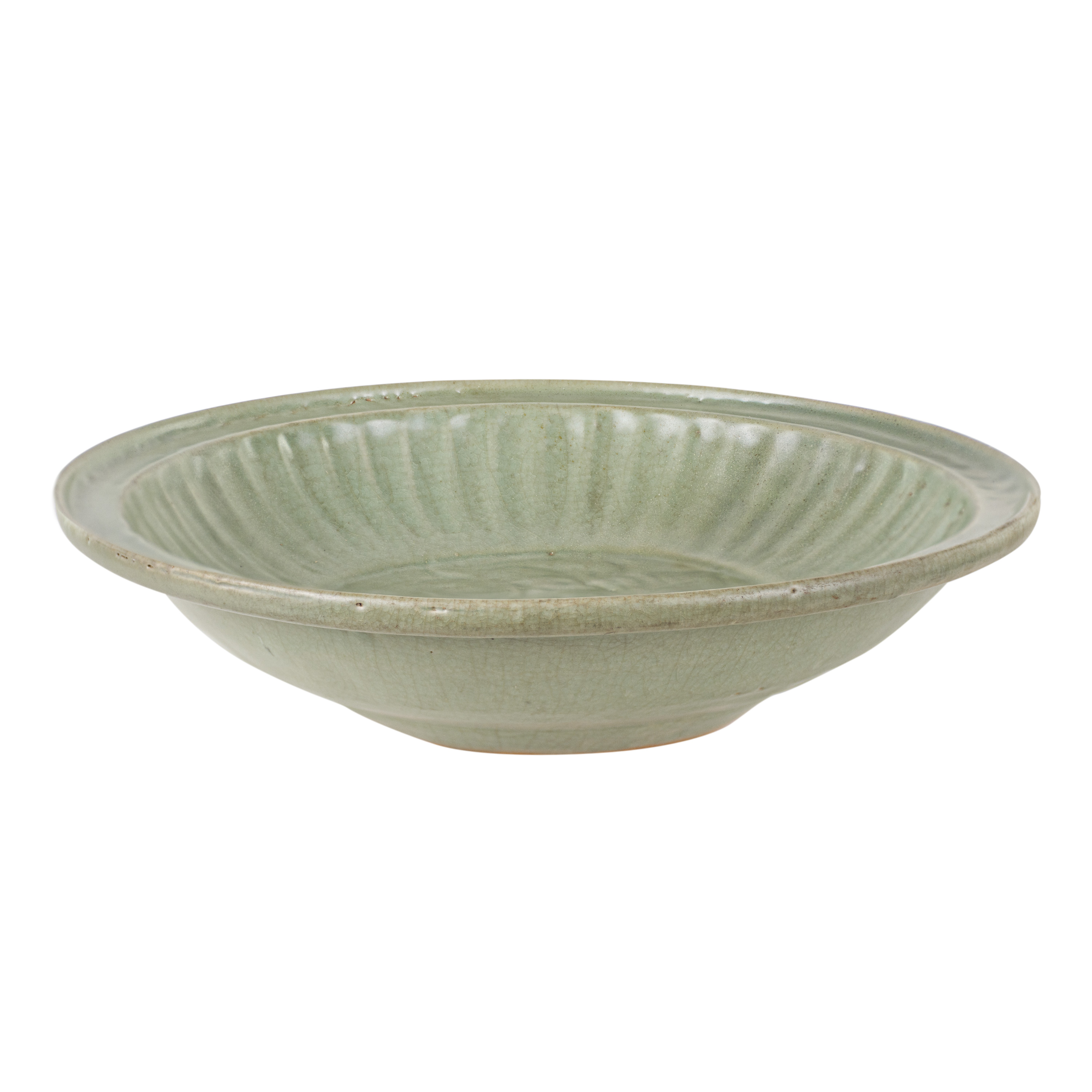 - A 14th century excavated jade green celadon plate with lotus flower