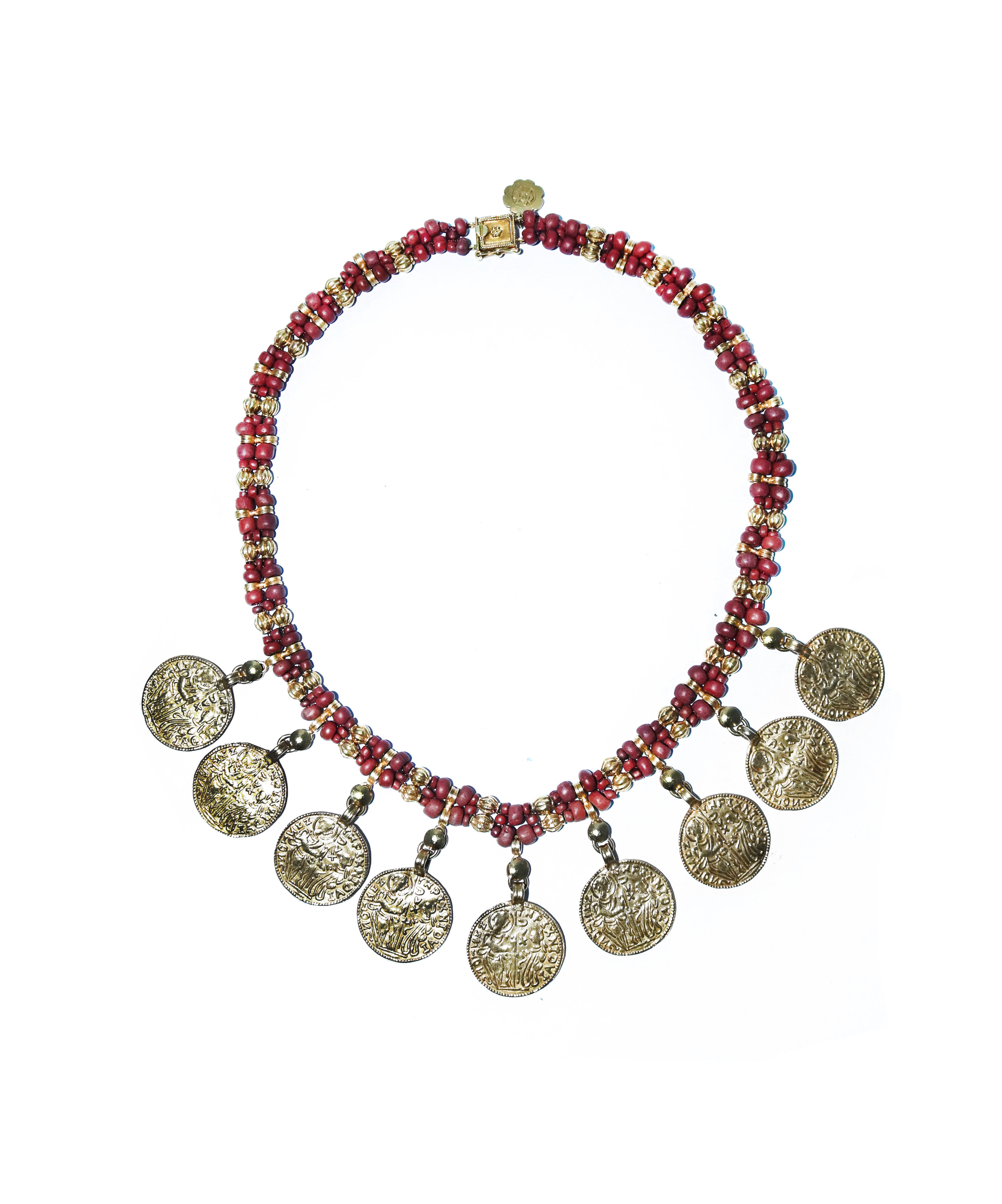 Celia Molano - (G-039) Gold heirloom charms with excavated red beads ...