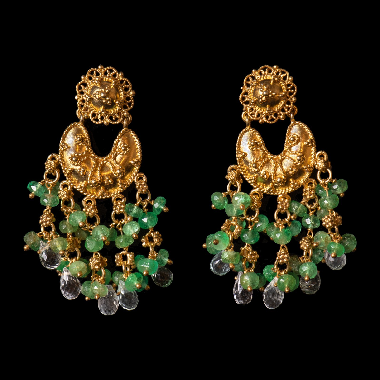 Celia Molano - (SGE-04) Long silver gilded earrings with emeralds and ...