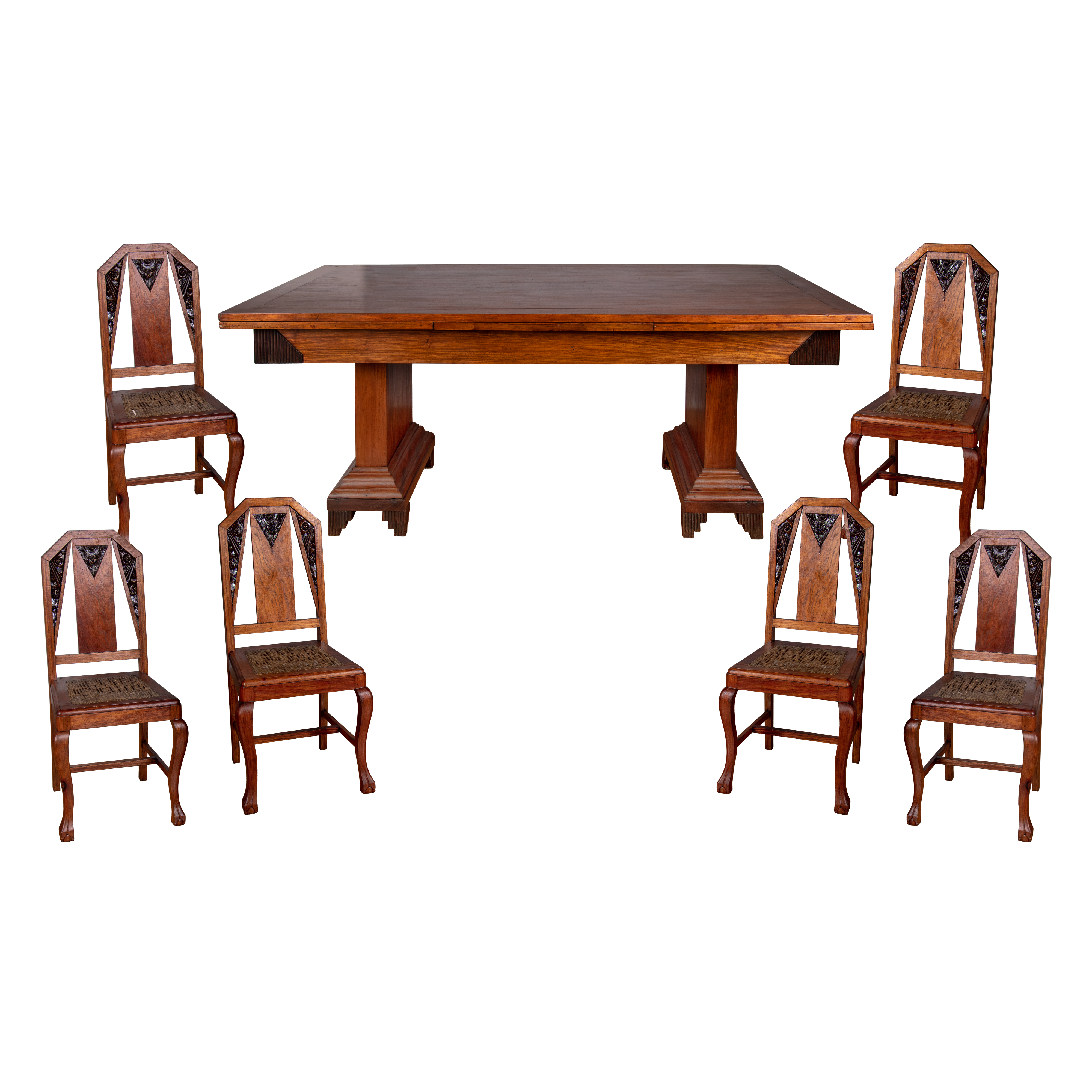 - An Art Deco extendable dining table with six chairs